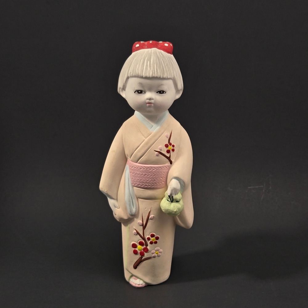 Vintage Japanese Bisque Porcelain Girl Figurine Peach Kimono Japan 7.75in